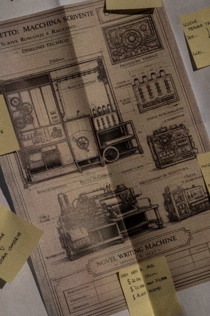 Disegno tecnico della Novel Writing Machine con post-it