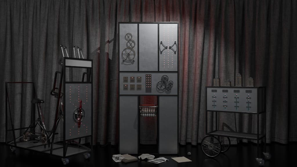 Render 3D dell'intera installazione della macchina scrivente