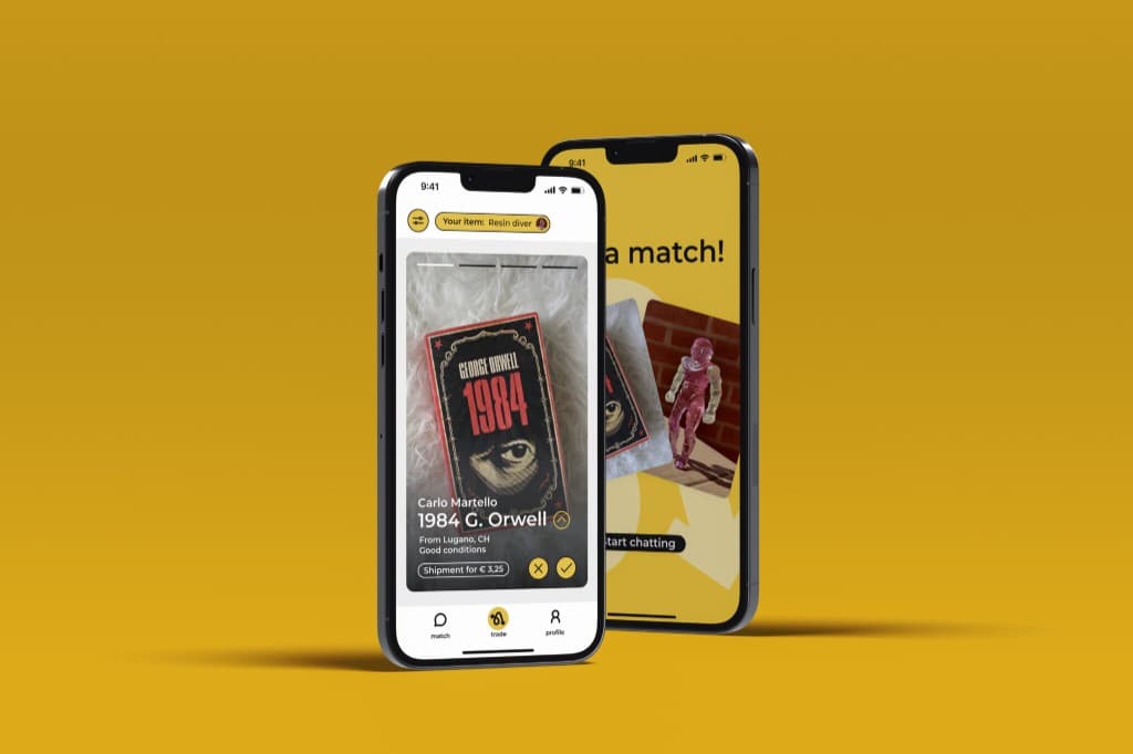 Due iPhone: schermata trade e match con Start chatting