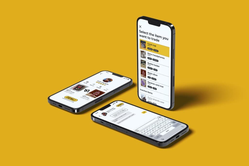 Tre iPhone: select item, profilo e chat dell'app Deal!