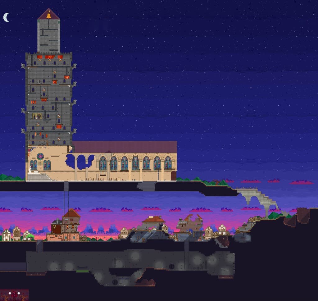 Mappa/tileset: vista ampia del mondo di gioco con cielo stellato